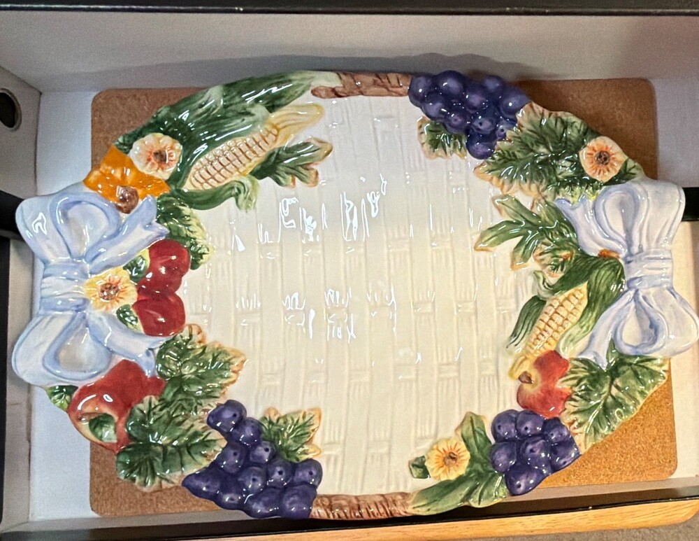 Vintage Harvest Basketweave Ceramic Platter 3D Fruit Corn Blue Bow Thanksgiving